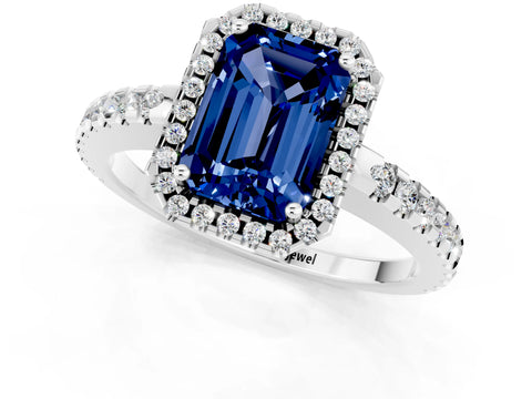 White gold Emerald Cut Blue Sapphire Halo Engagement Ring with Pavé Band and Prong Setting_13