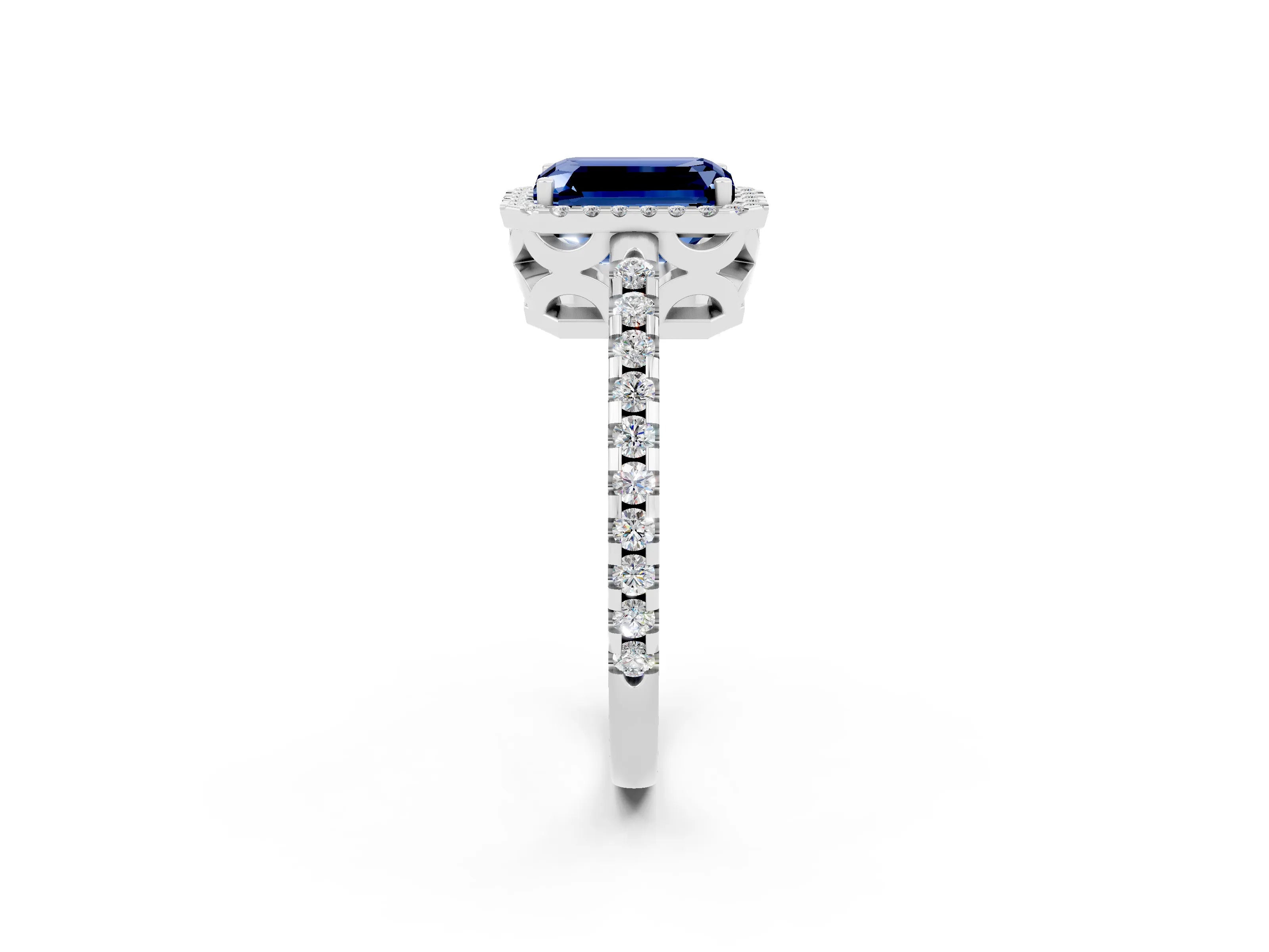 White gold Emerald Cut Blue Sapphire Halo Engagement Ring with Pavé Band and Prong Setting_14