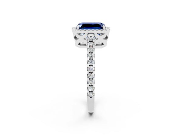 Silver Emerald Cut Blue Sapphire Halo Engagement Ring with Pavé Band and Prong Setting