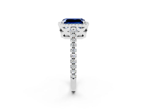 White gold Emerald Cut Blue Sapphire Halo Engagement Ring with Pavé Band and Prong Setting_14