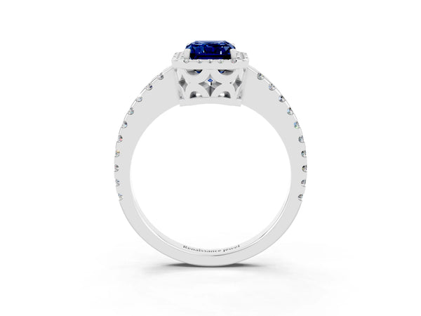 Silver Emerald Cut Blue Sapphire Halo Engagement Ring with Pavé Band and Prong Setting
