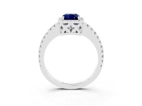 White gold Emerald Cut Blue Sapphire Halo Engagement Ring with Pavé Band and Prong Setting_15