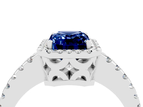 White gold Emerald Cut Blue Sapphire Halo Engagement Ring with Pavé Band and Prong Setting_16