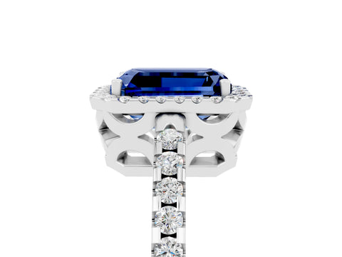 White gold Emerald Cut Blue Sapphire Halo Engagement Ring with Pavé Band and Prong Setting_17