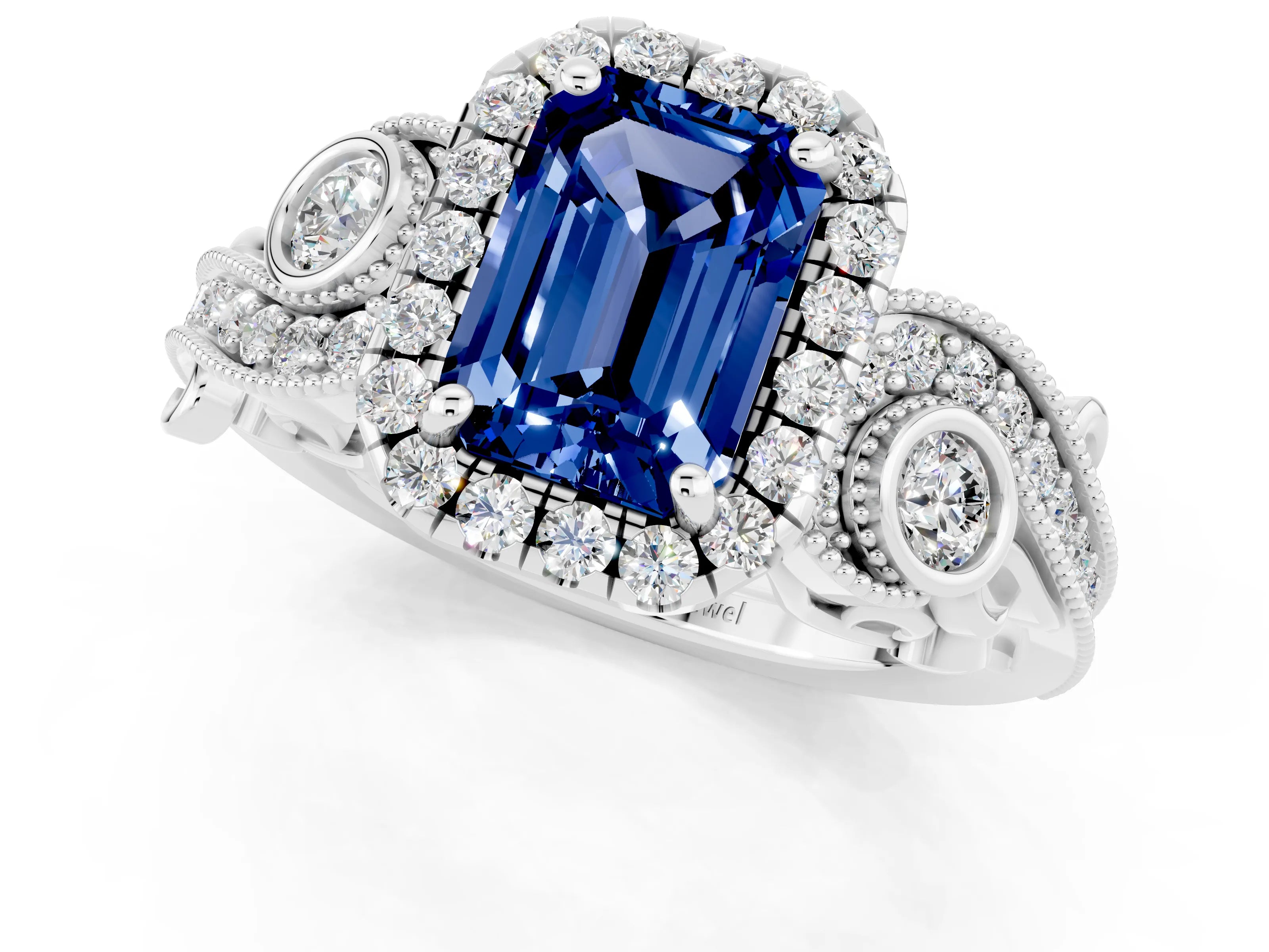 White gold Emerald Cut Blue Sapphire Halo Ring with Milgrain Pavé Band and Four-Prong Setting_13