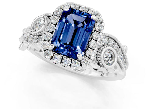 White gold Emerald Cut Blue Sapphire Halo Ring with Milgrain Pavé Band and Four-Prong Setting_13