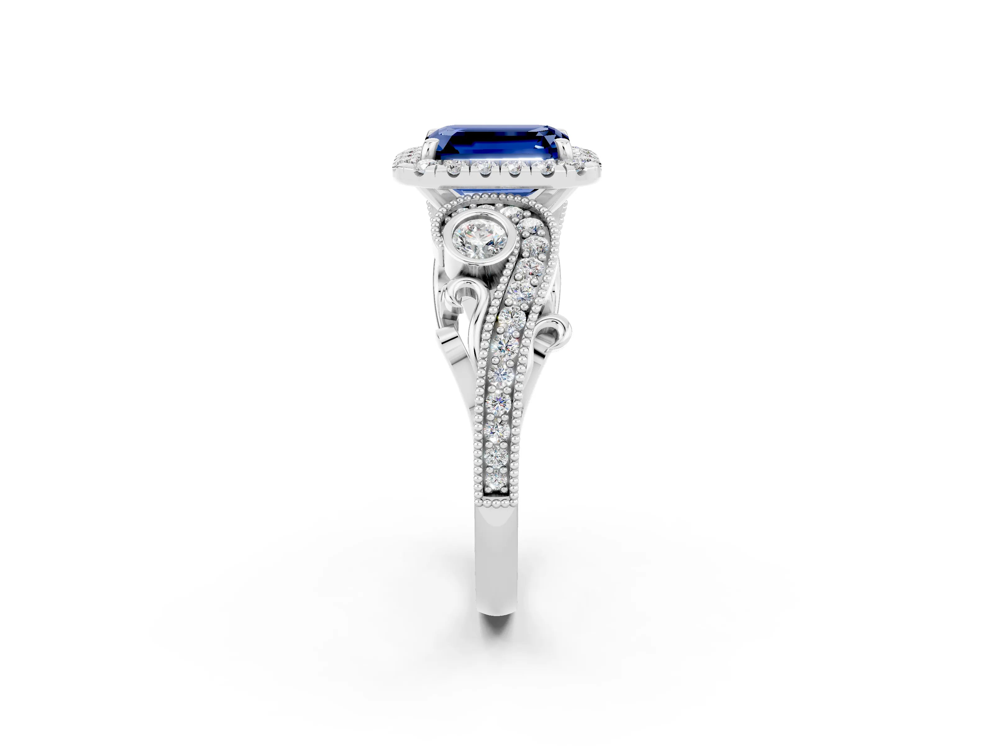 White gold Emerald Cut Blue Sapphire Halo Ring with Milgrain Pavé Band and Four-Prong Setting_14