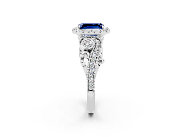 Silver Emerald Cut Blue Sapphire Halo Ring with Milgrain Pavé Band and Four-Prong Setting