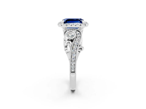 White gold Emerald Cut Blue Sapphire Halo Ring with Milgrain Pavé Band and Four-Prong Setting_14