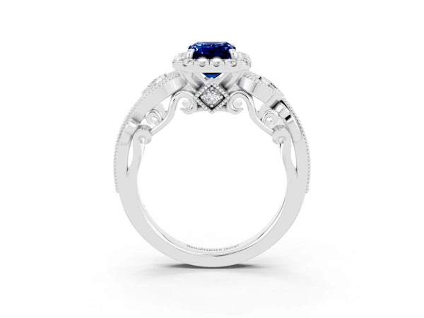 White gold Emerald Cut Blue Sapphire Halo Ring with Milgrain Pavé Band and Four-Prong Setting
