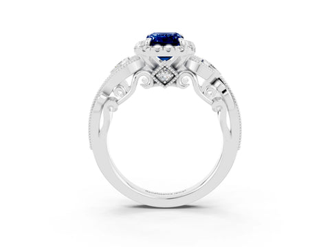 White gold Emerald Cut Blue Sapphire Halo Ring with Milgrain Pavé Band and Four-Prong Setting_15