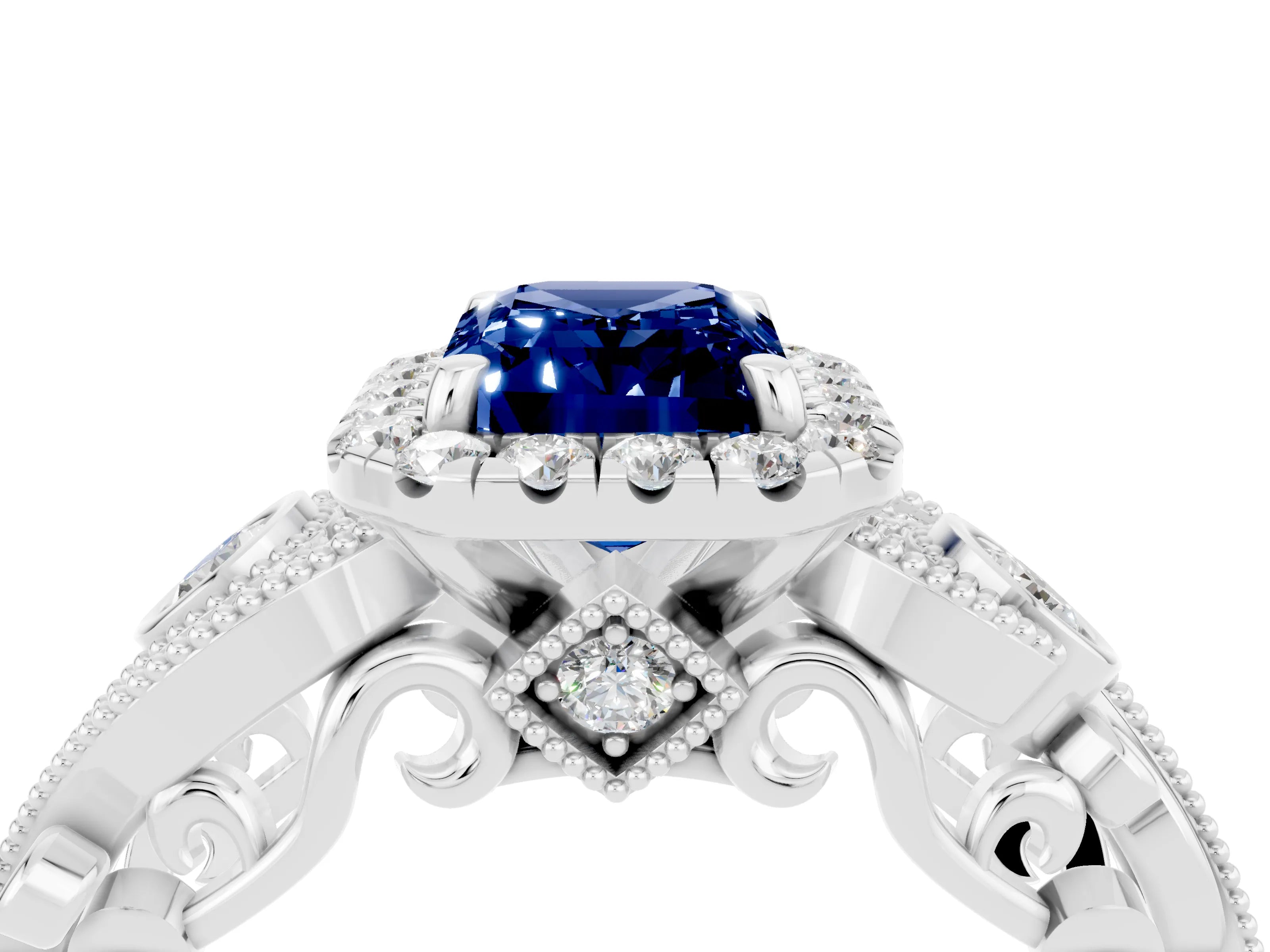 White gold Emerald Cut Blue Sapphire Halo Ring with Milgrain Pavé Band and Four-Prong Setting_16