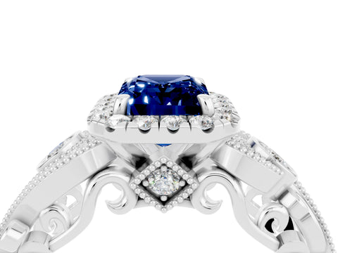 White gold Emerald Cut Blue Sapphire Halo Ring with Milgrain Pavé Band and Four-Prong Setting_16