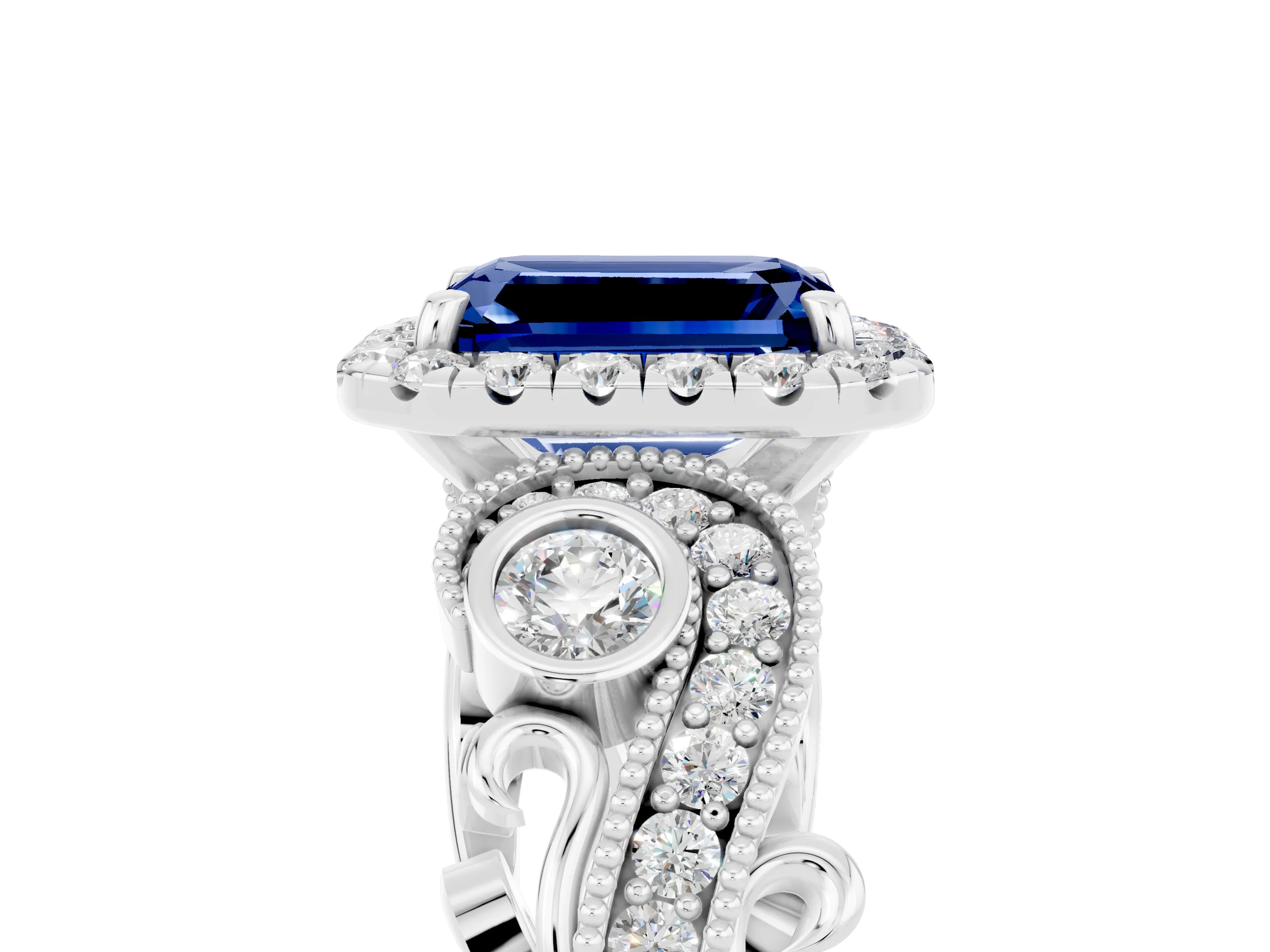 White gold Emerald Cut Blue Sapphire Halo Ring with Milgrain Pavé Band and Four-Prong Setting_17