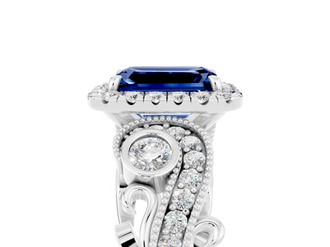 White gold Emerald Cut Blue Sapphire Halo Ring with Milgrain Pavé Band and Four-Prong Setting_17