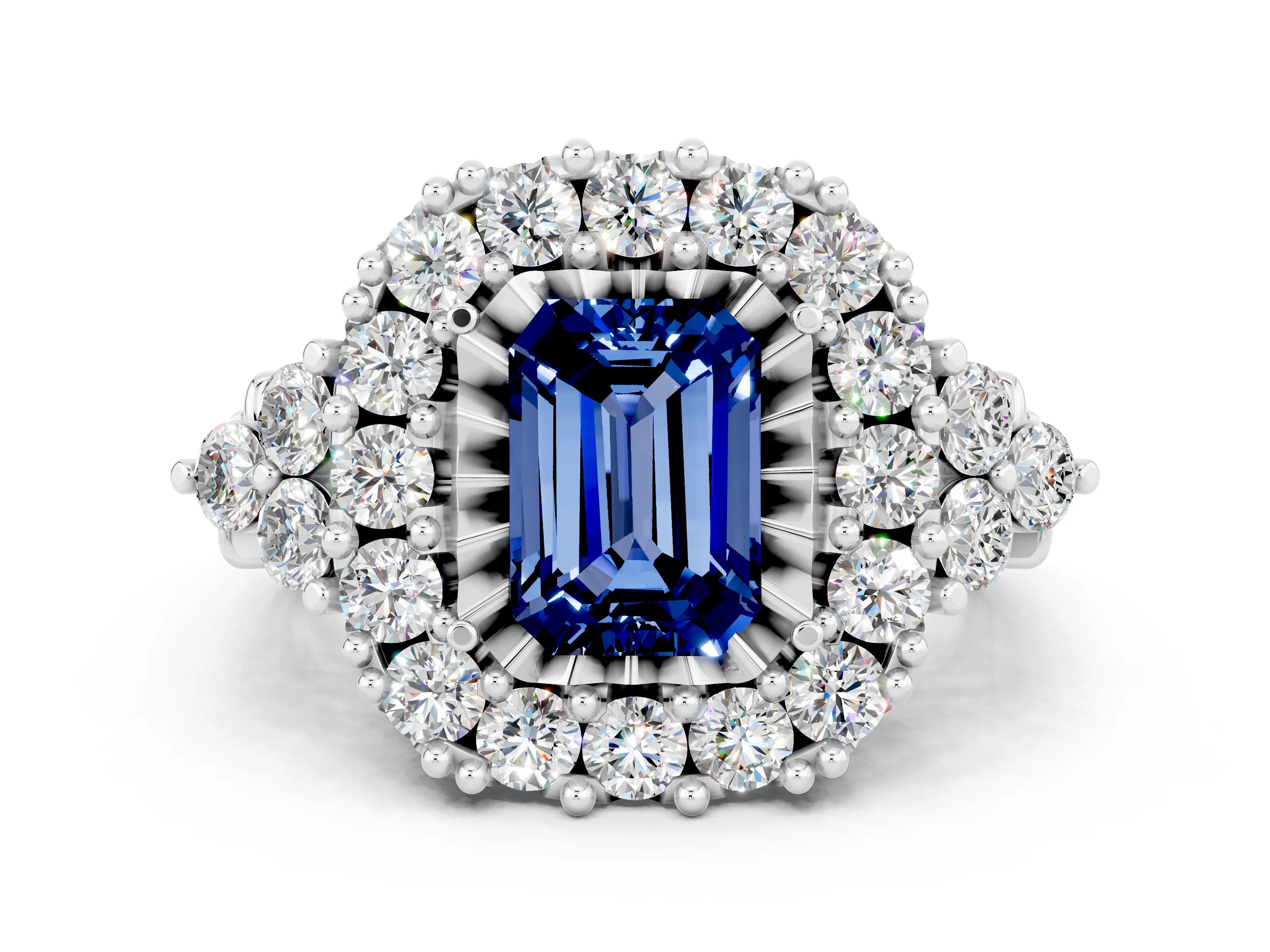 White gold Emerald Cut Blue Sapphire Halo Ring with Pavé Band and Four-Prong Setting_12