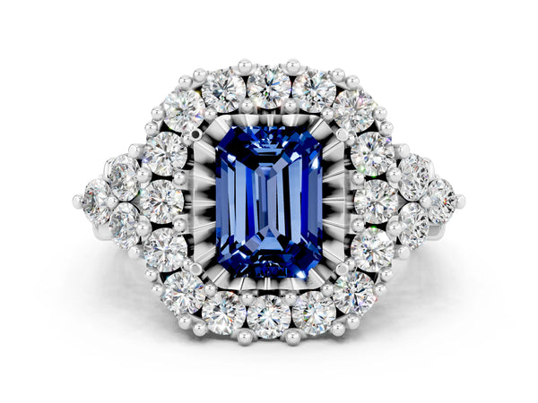 Silver Emerald Cut Blue Sapphire Halo Ring with Pavé Band and Four-Prong Setting