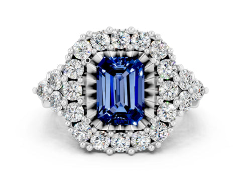 White gold Emerald Cut Blue Sapphire Halo Ring with Pavé Band and Four-Prong Setting_12