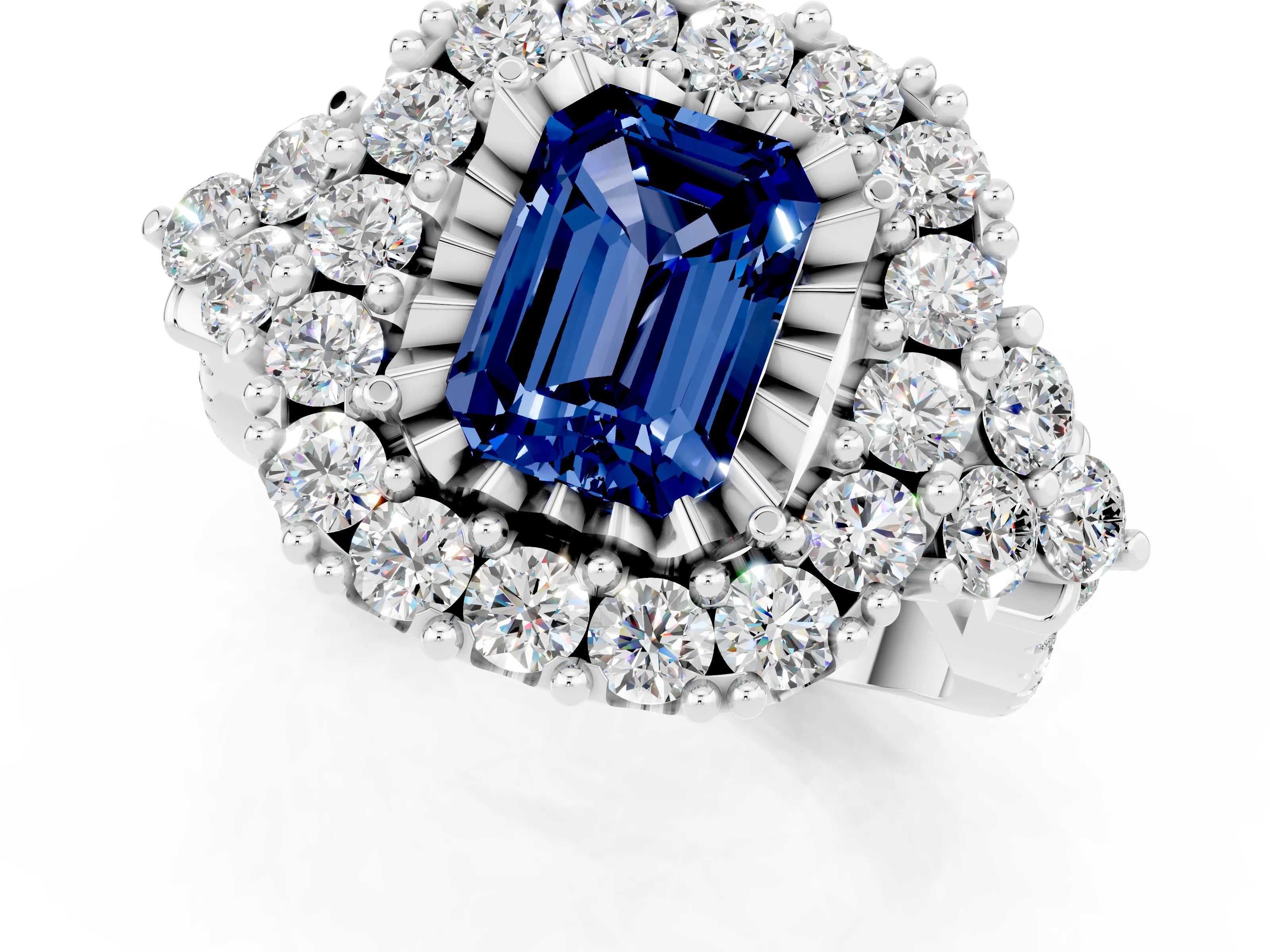 White gold Emerald Cut Blue Sapphire Halo Ring with Pavé Band and Four-Prong Setting_13