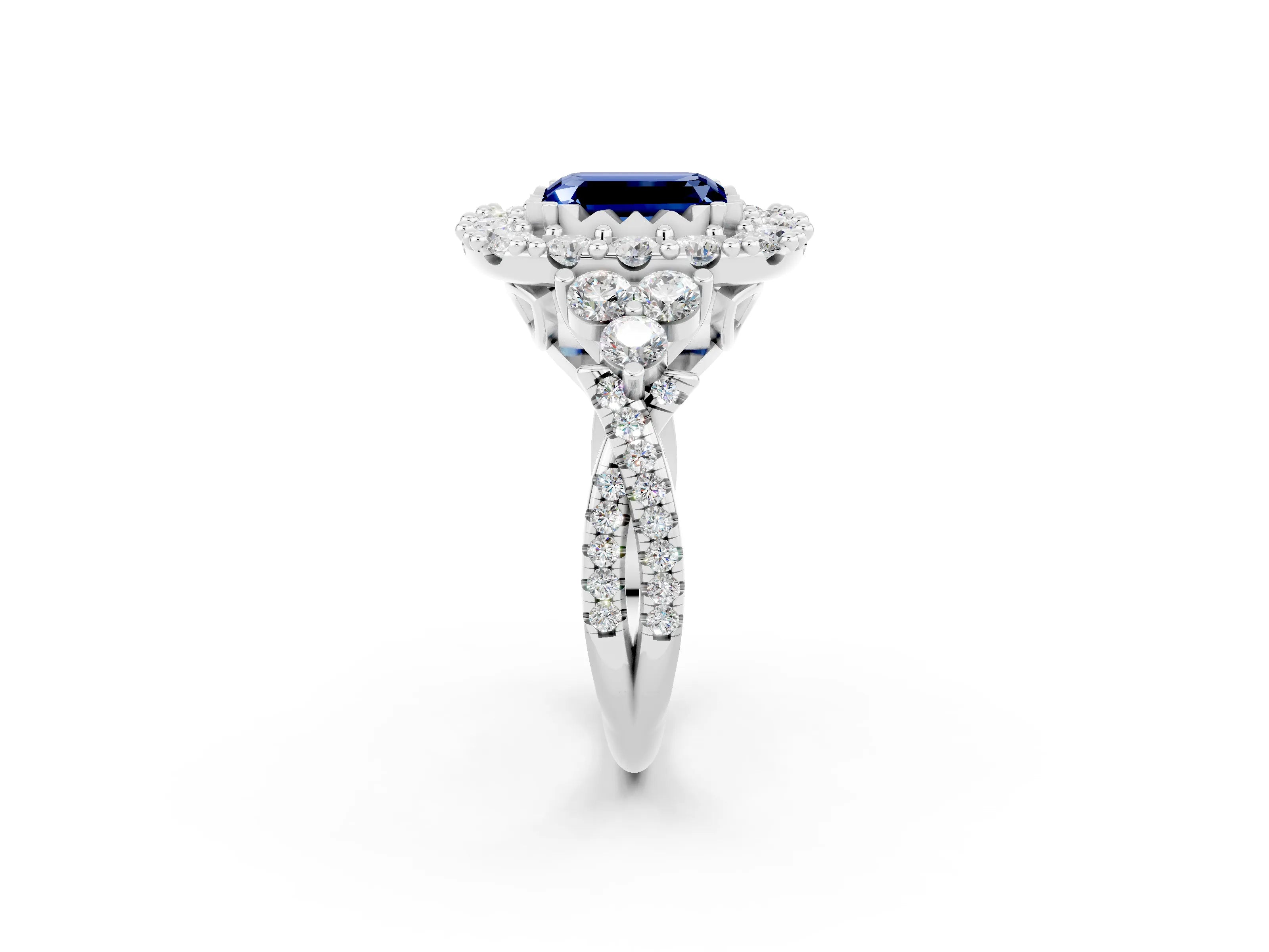 White gold Emerald Cut Blue Sapphire Halo Ring with Pavé Band and Four-Prong Setting_14