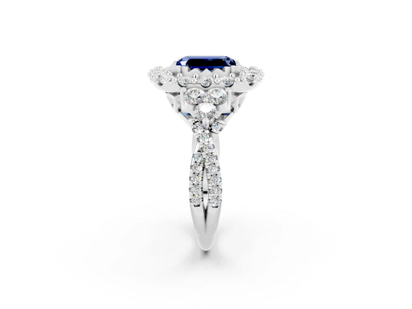 Platinum Emerald Cut Blue Sapphire Halo Ring with Pavé Band and Four-Prong Setting
