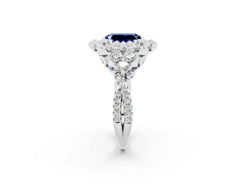 White gold Emerald Cut Blue Sapphire Halo Ring with Pavé Band and Four-Prong Setting_14