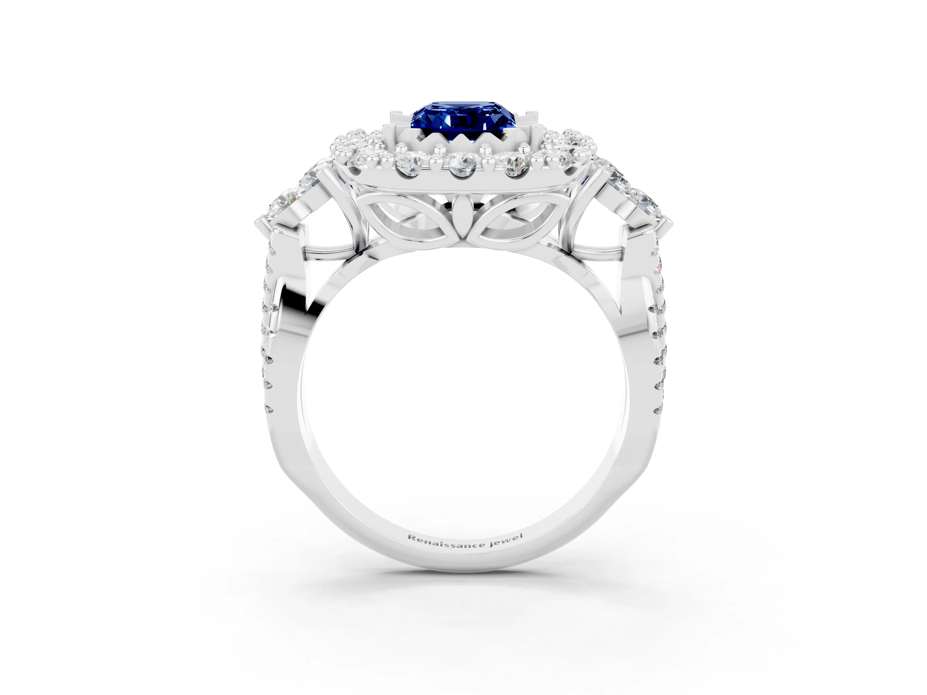 White gold Emerald Cut Blue Sapphire Halo Ring with Pavé Band and Four-Prong Setting_15