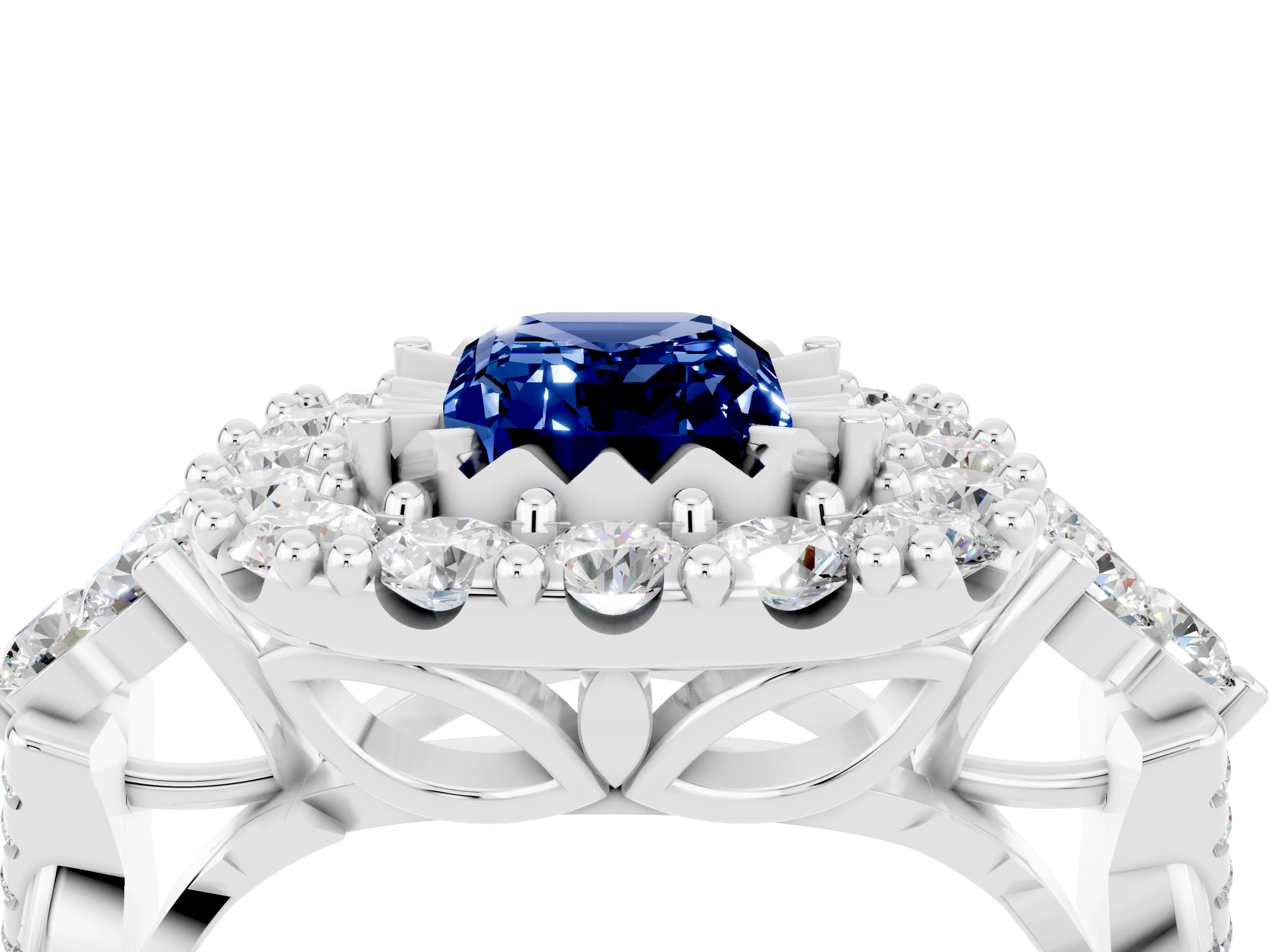 White gold Emerald Cut Blue Sapphire Halo Ring with Pavé Band and Four-Prong Setting_16