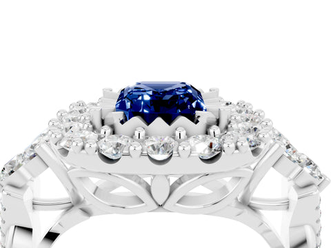 White gold Emerald Cut Blue Sapphire Halo Ring with Pavé Band and Four-Prong Setting_16