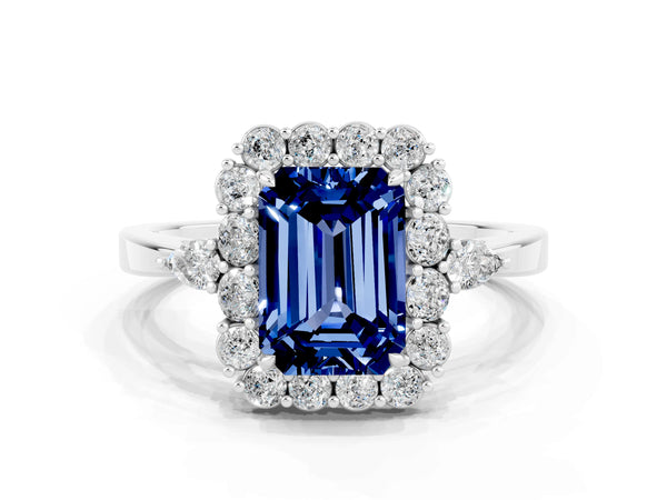 Platinum Emerald Cut Blue Sapphire Halo Ring with Pear Side Stones and Prong Setting