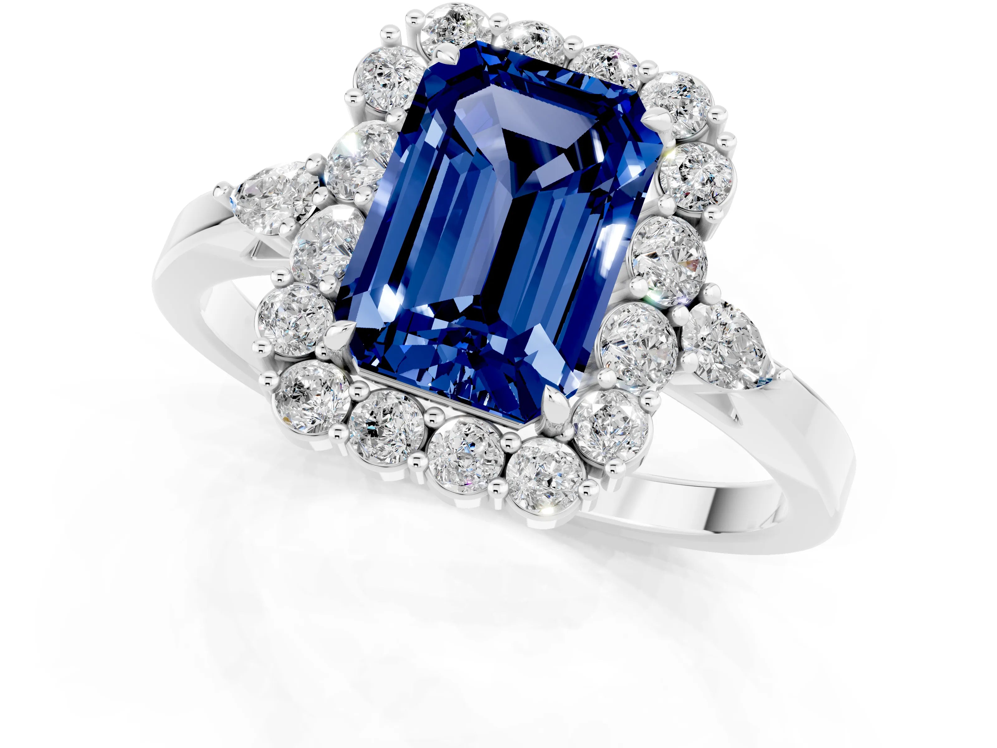 White gold Emerald Cut Blue Sapphire Halo Ring with Pear Side Stones and Prong Setting_25