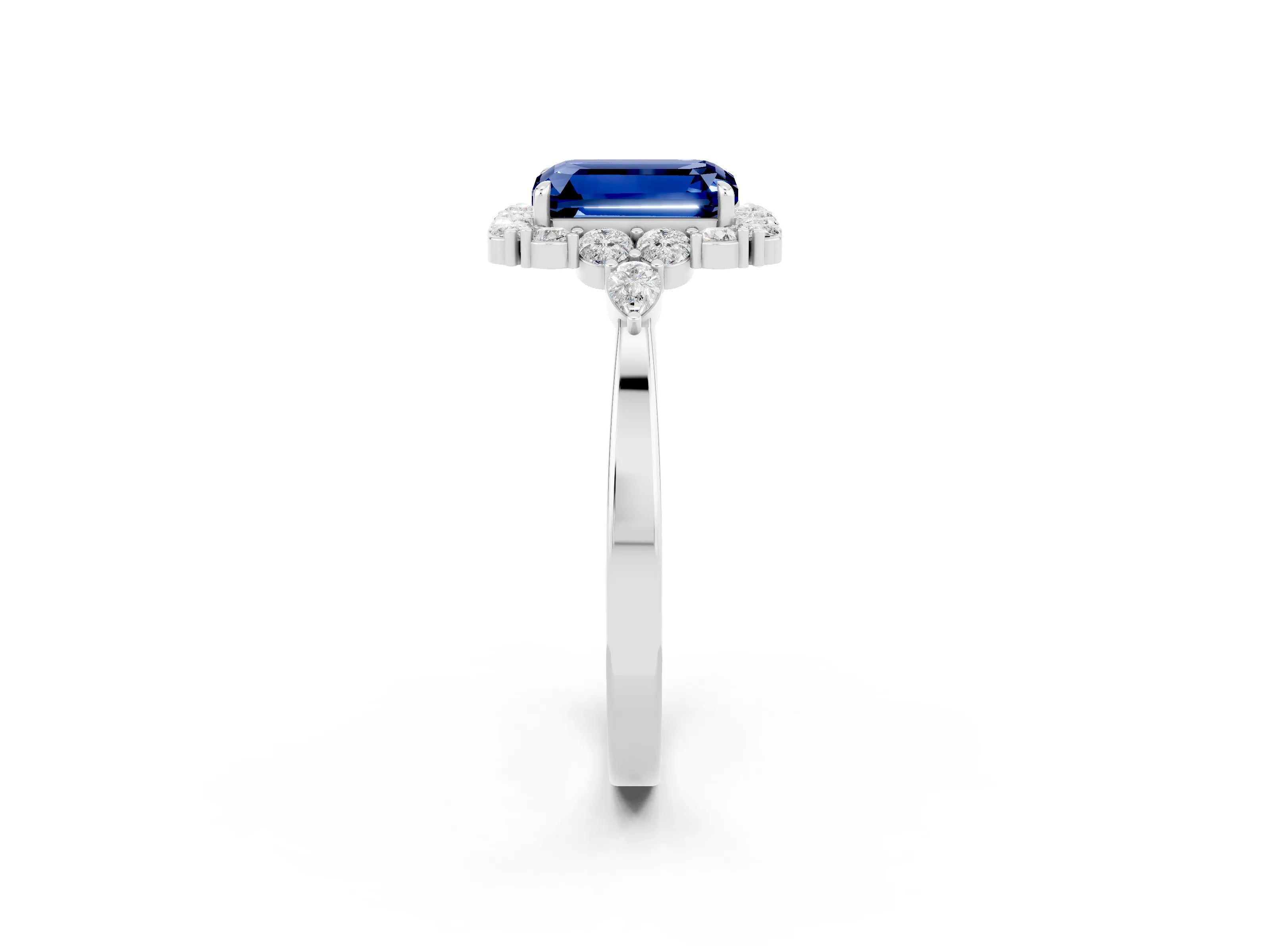 White gold Emerald Cut Blue Sapphire Halo Ring with Pear Side Stones and Prong Setting_26