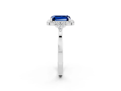 White gold Emerald Cut Blue Sapphire Halo Ring with Pear Side Stones and Prong Setting_26