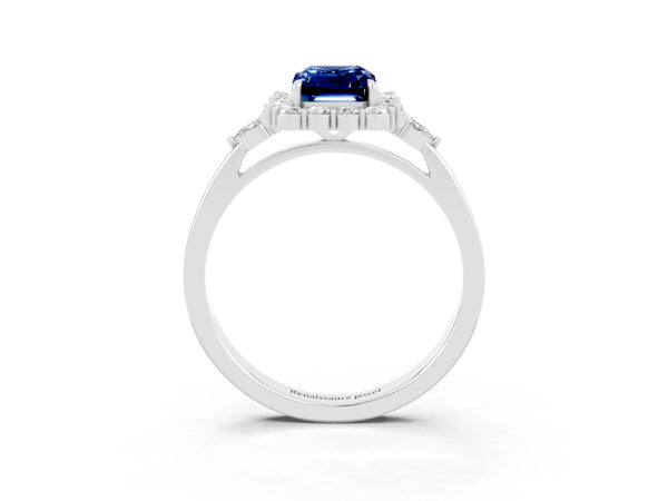 Platinum Emerald Cut Blue Sapphire Halo Ring with Pear Side Stones and Prong Setting