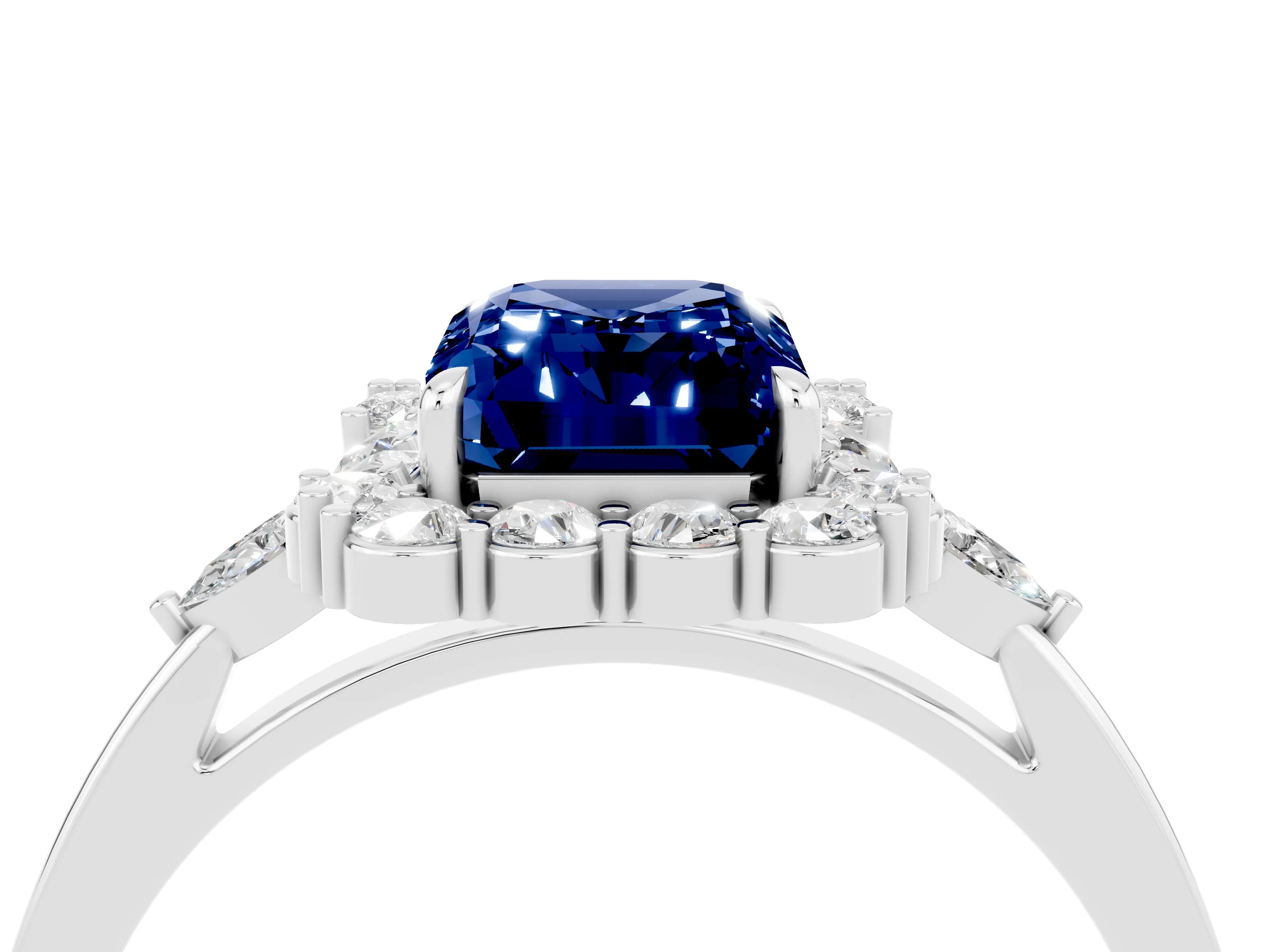 White gold Emerald Cut Blue Sapphire Halo Ring with Pear Side Stones and Prong Setting_28
