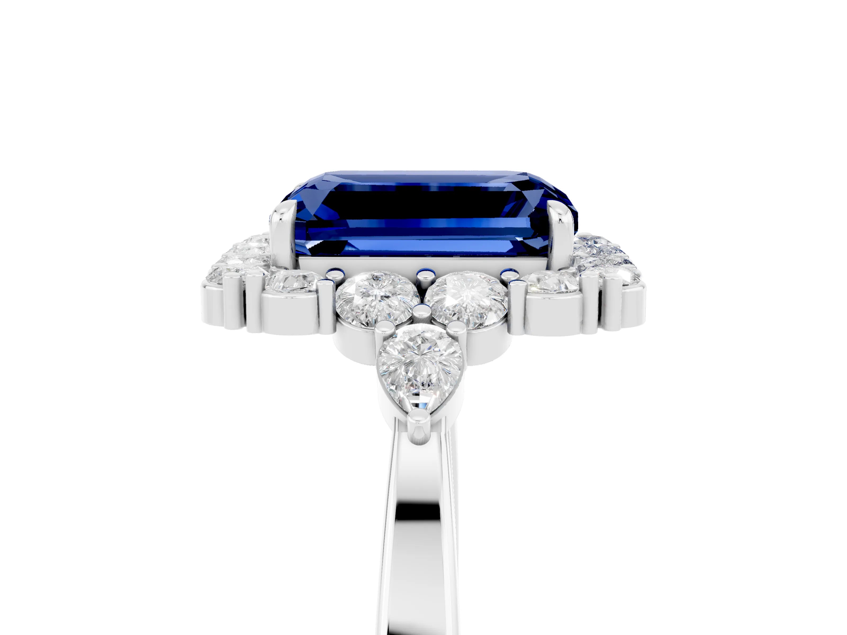 White gold Emerald Cut Blue Sapphire Halo Ring with Pear Side Stones and Prong Setting_29