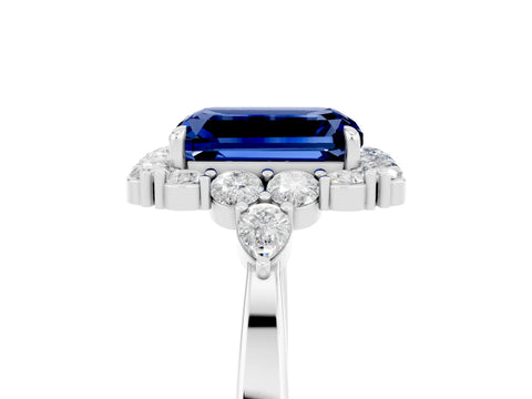 White gold Emerald Cut Blue Sapphire Halo Ring with Pear Side Stones and Prong Setting_29