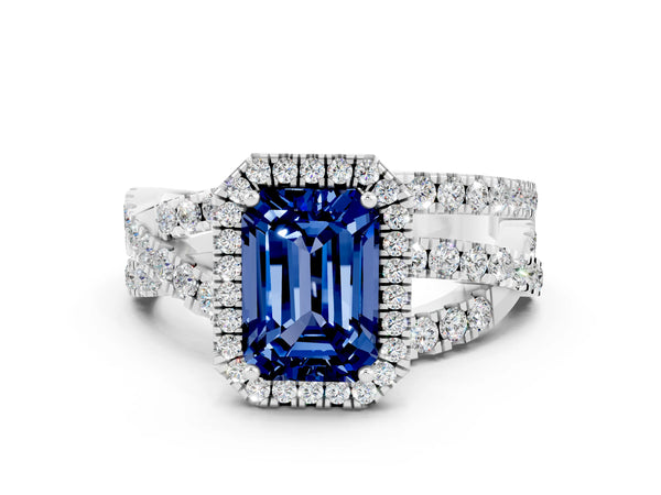White gold Emerald Cut Blue Sapphire Halo Ring with Round Split Shank and Prong Setting