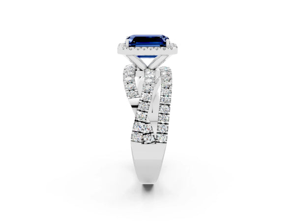 White gold Emerald Cut Blue Sapphire Halo Ring with Round Split Shank and Prong Setting