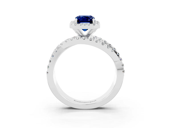 White gold Emerald Cut Blue Sapphire Halo Ring with Round Split Shank and Prong Setting