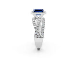 White gold Emerald Cut Blue Sapphire Halo Ring with Round Split Shank and Prong Setting_63