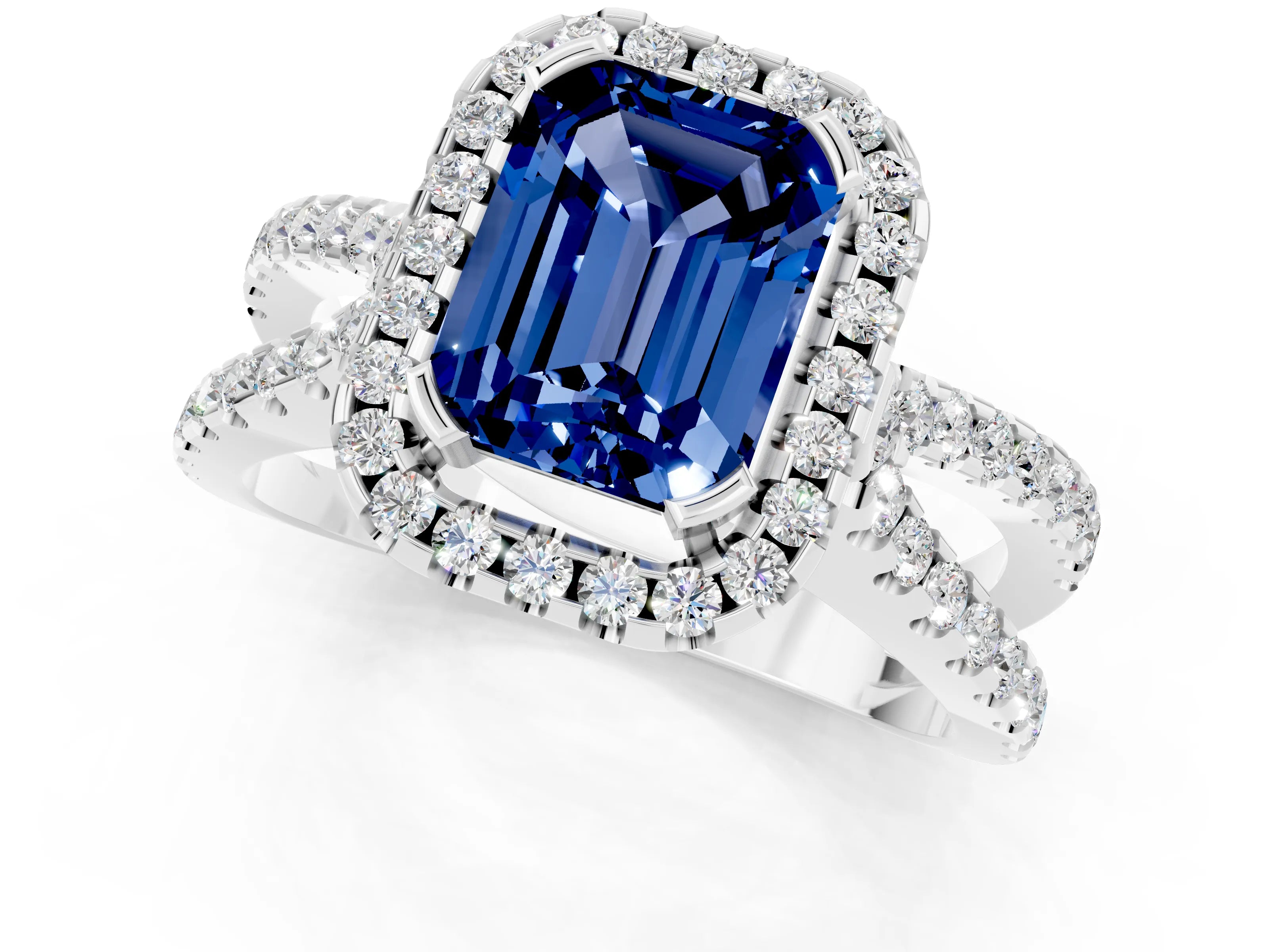 White gold Emerald Cut Blue Sapphire Halo Ring with Split Shank Pavé Band and Prong Setting_1