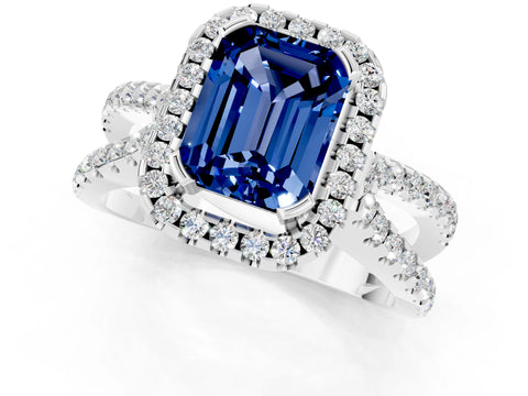 White gold Emerald Cut Blue Sapphire Halo Ring with Split Shank Pavé Band and Prong Setting_1