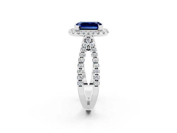 Platinum Emerald Cut Blue Sapphire Halo Ring with Split Shank Pavé Band and Prong Setting