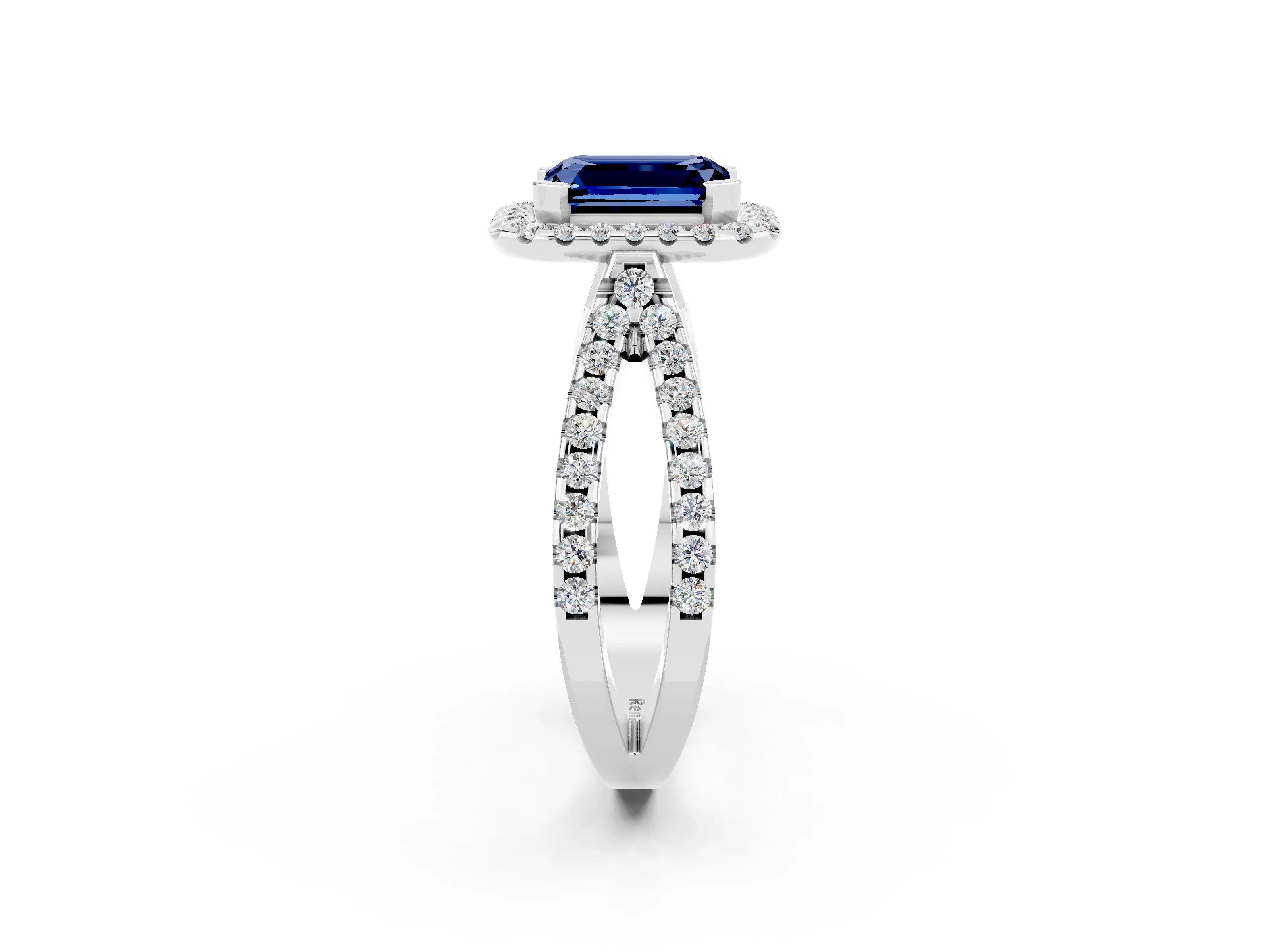 White gold Emerald Cut Blue Sapphire Halo Ring with Split Shank Pavé Band and Prong Setting_2