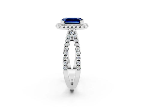 White gold Emerald Cut Blue Sapphire Halo Ring with Split Shank Pavé Band and Prong Setting_2