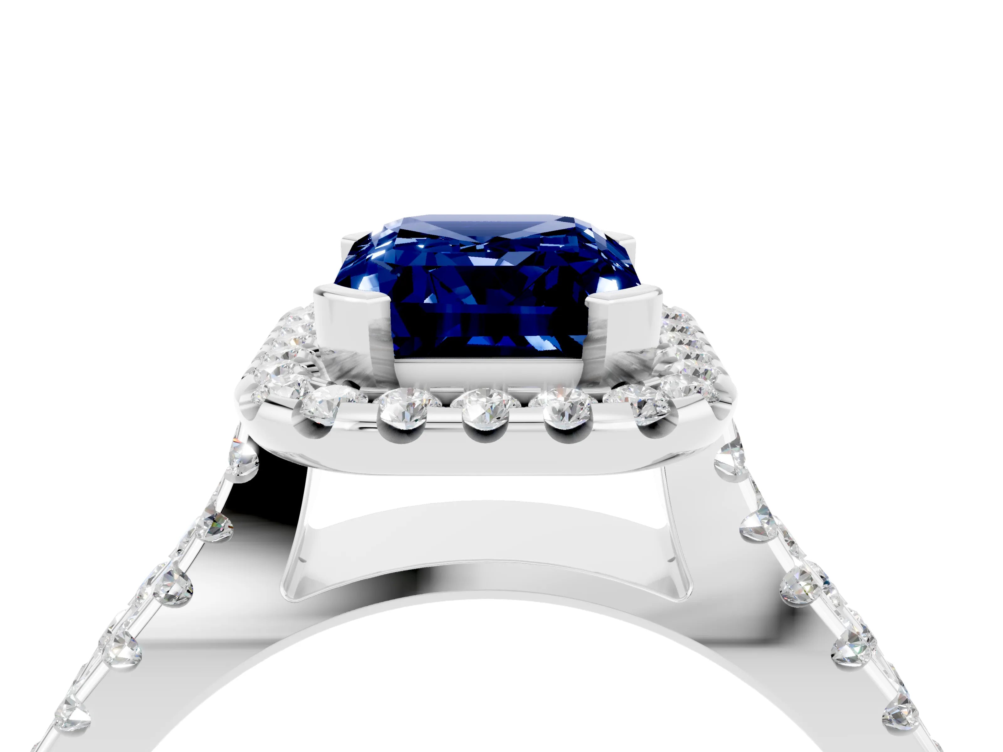 White gold Emerald Cut Blue Sapphire Halo Ring with Split Shank Pavé Band and Prong Setting_4