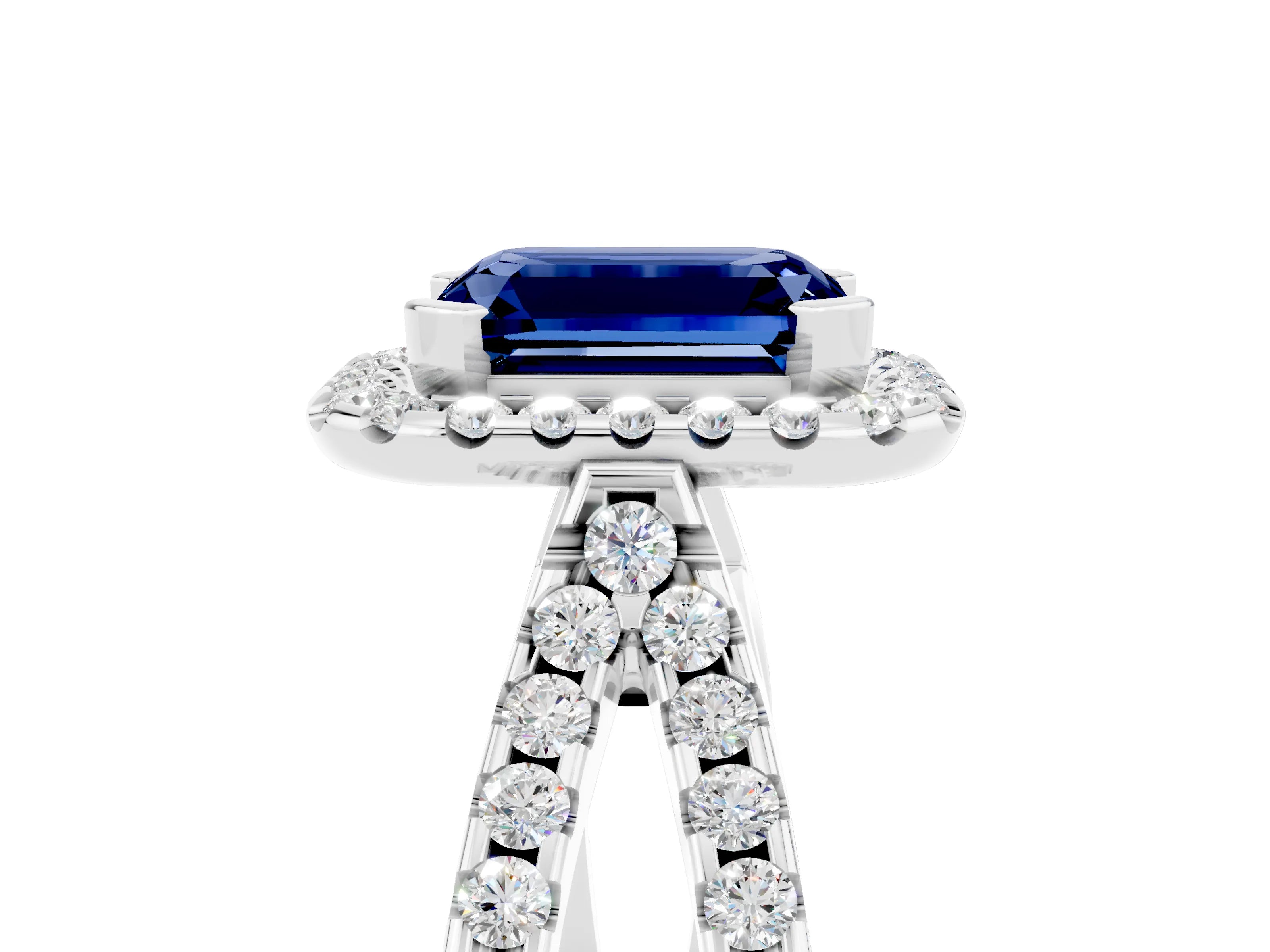 White gold Emerald Cut Blue Sapphire Halo Ring with Split Shank Pavé Band and Prong Setting_5