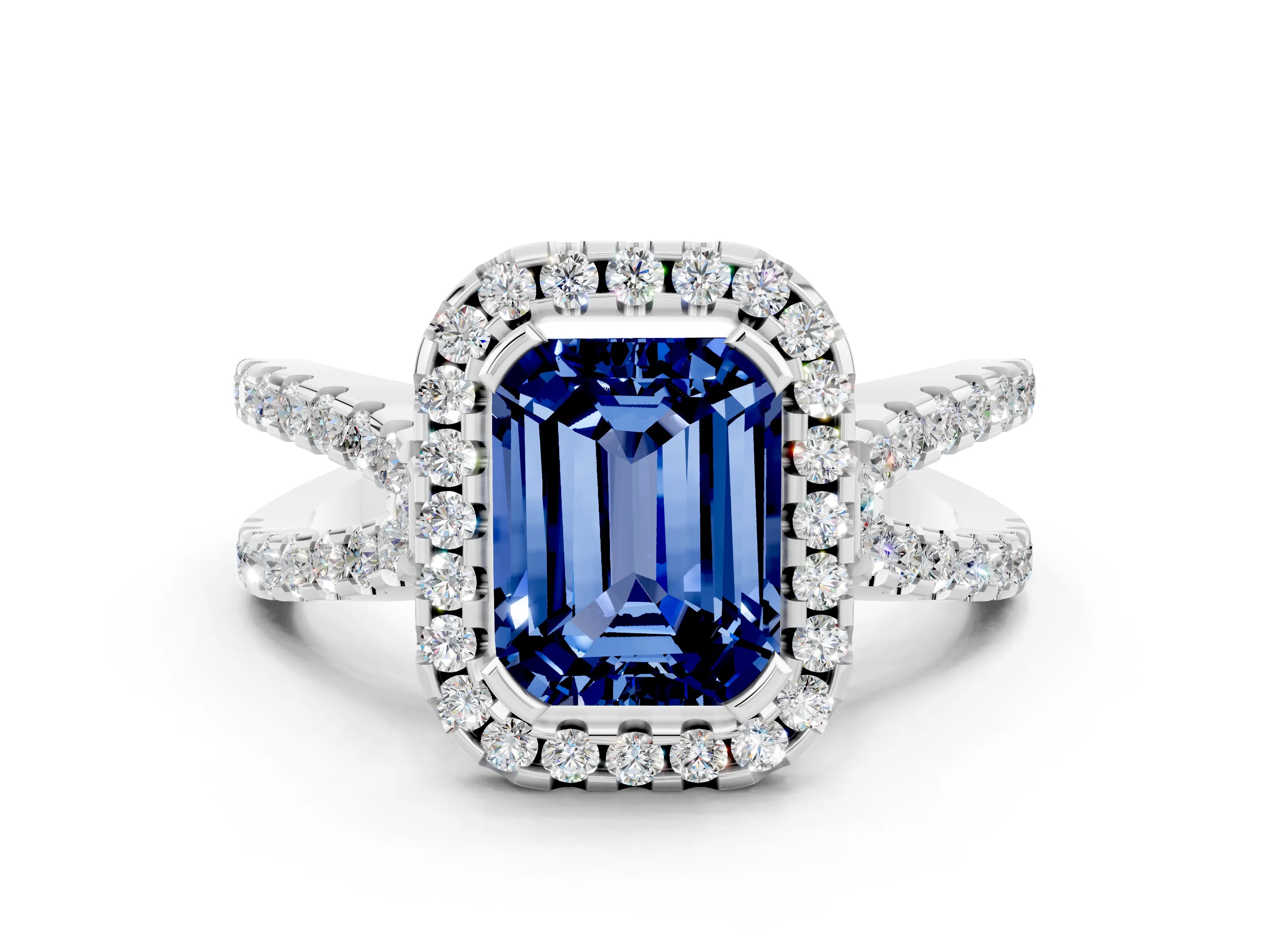 White gold Emerald Cut Blue Sapphire Halo Ring with Split Shank Pavé Band and Prong Setting