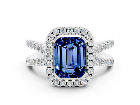 White gold Emerald Cut Blue Sapphire Halo Ring with Split Shank Pavé Band and Prong Setting